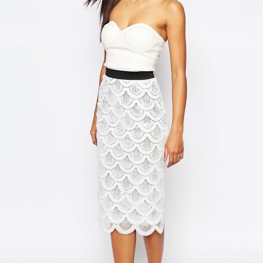 Rare London 2 in 1 Sequin Midi Dress With Scalloped Hem Strapless